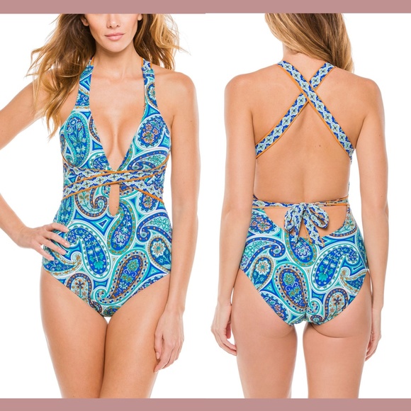 NEW Trina Turk [‎ 6 ] Provence Paisley One-Piece Swimsuit in Blue - Picture 1 of 9